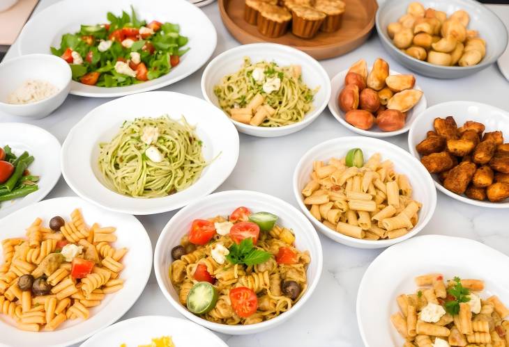 Delicious Spread of Salads, Pasta, and Snacks